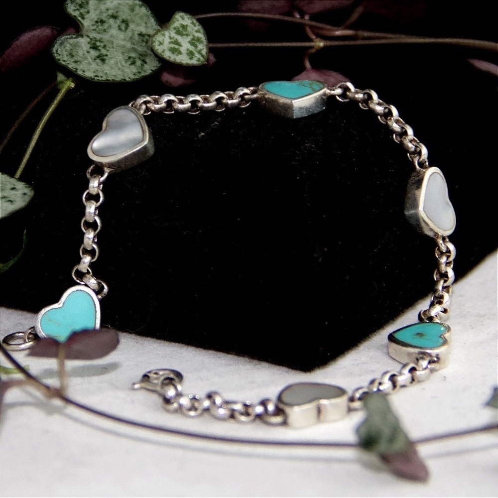 Sterling Silver Turquoise Mother of Pearl Heart Inlay Rolo Chain Bracelet 925